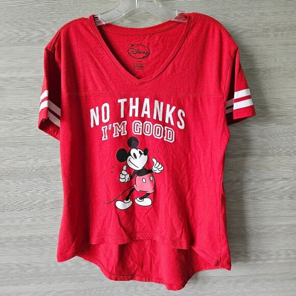 Disney Mickey Mouse T-Shirt Crop Jr XL 15-17 Red V Neck "No Thanks I'm Good" - Picture 2 of 10